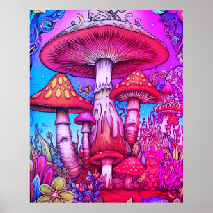 Affiche Champignons fantaisistes rouges + bleus + roses su