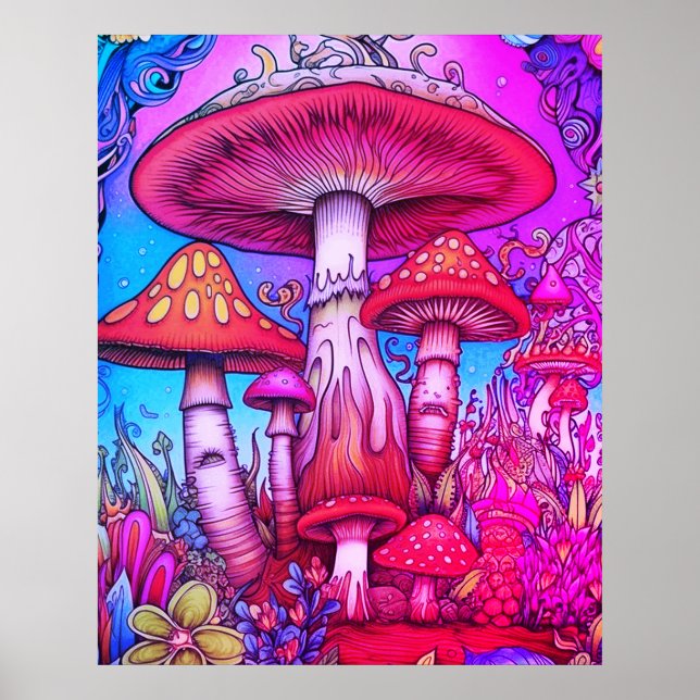 Affiche Champignons fantaisistes rouges + bleus + roses su (Devant)