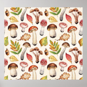 Affiche Champignons Feuille : Motif d'illustration aquarel