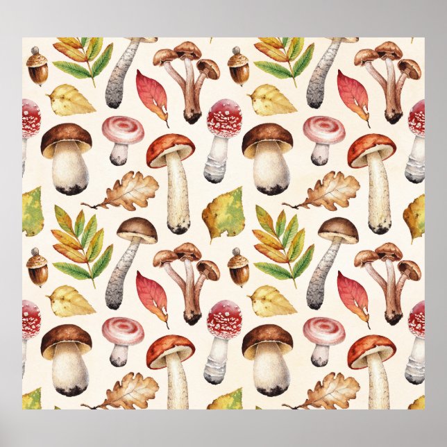 Affiche Champignons Feuille : Motif d'illustration aquarel (Devant)