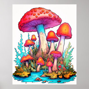 Affiche Champignons Fond Blanc Mur
