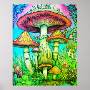 Affiche Champignons Géants Rouges + Jaunes Fantaisistes Su