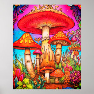 Affiche Champignons Géants Rouges + Jaunes Fantaisistes Su
