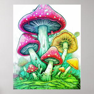 Affiche Champignons géants sur fond blanc sur un mur