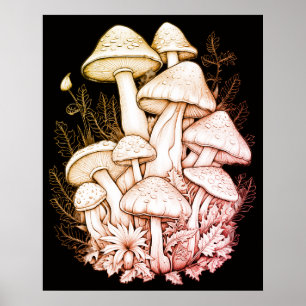 Affiche Champignons Gras Pâles sur Fond Noir sur un Mur