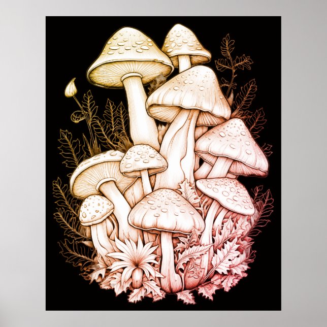 Affiche Champignons Gras Pâles sur Fond Noir sur un Mur (Devant)