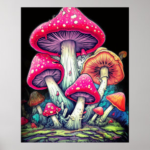 Affiche Champignons heureux sur fond noir sur un mur