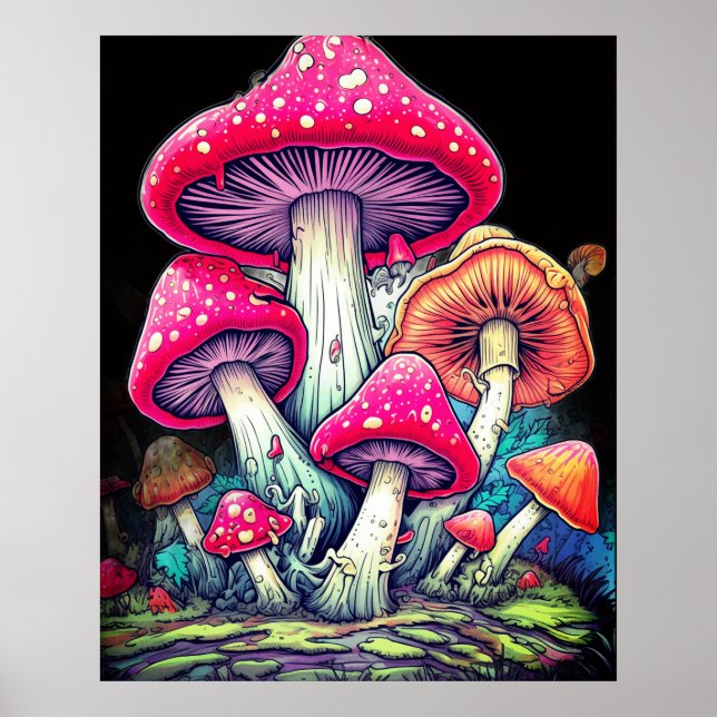 Affiche Champignons heureux sur fond noir sur un mur (Devant)