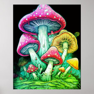 Affiche Champignons HeurEux Sur Fond Noir sur un mur Po