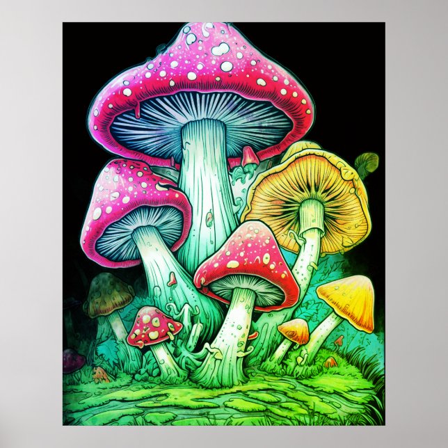 Affiche Champignons HeurEux Sur Fond Noir sur un mur Po (Devant)
