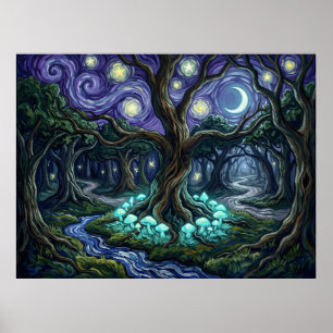 Affiche Champignons Magiques Lumineux Forêt Étoilée Nuit