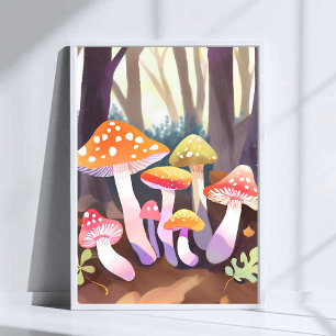 Affiche Champignons Mignons   Art de la forêt à l'aquarell