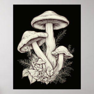 Affiche Champignons pâles blanchâtres Fond noir sur un mur