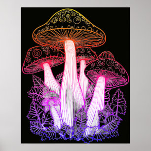 Affiche Champignons psychédéliques fond noir sur un mur