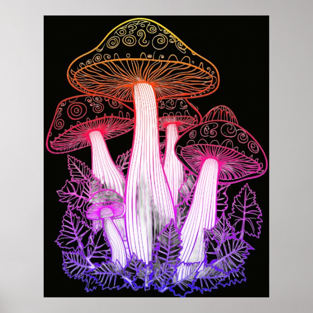 Affiche Champignons psychédéliques fond noir sur un mur (Devant)