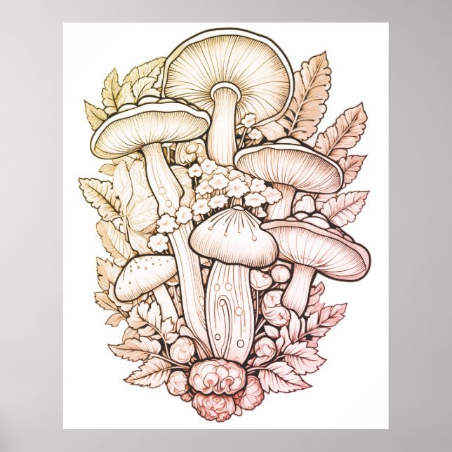 Affiche Champignons psychédéliques fond noir sur un mur (Devant)