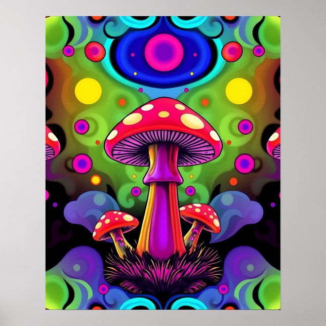 Affiche Champignons Rétro Colorés Vibrants Psychedéliques (Devant)