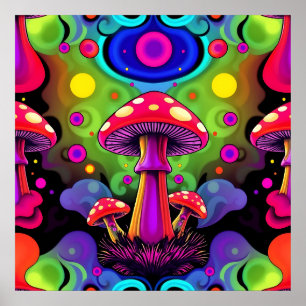Affiche Champignons Rétro Colorés Vibrants Psychedéliques