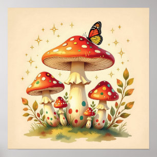Affiche Champignons Rétro et Papillon Couleurs Rétro