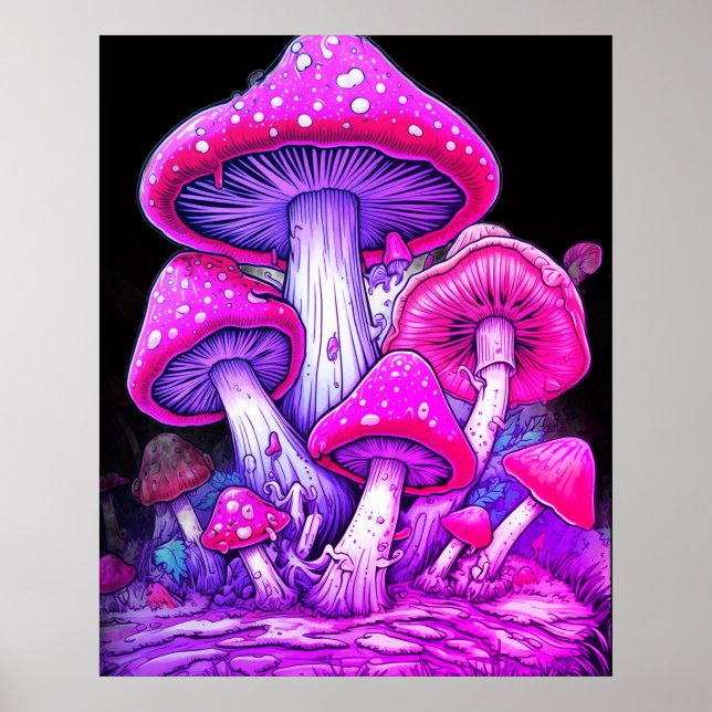 Affiche Champignons roses sur fond noir sur un mur (Devant)
