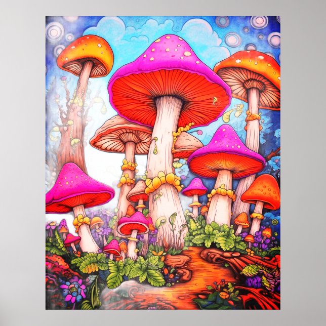 Affiche Champignons sous un ciel matinal en fond sur un mu (Devant)