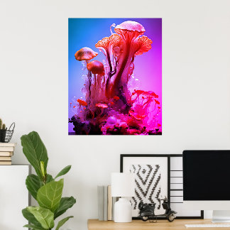 Affiche Champignons translucides colorés rouge et bleu sur