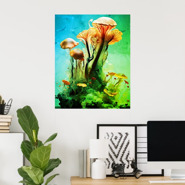 Affiche Champignons translucides verts gras sur un mur (Bureau à domicile)