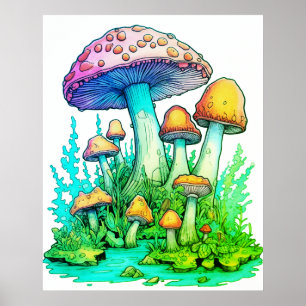 Affiche Champignons verts sur fond blanc sur un mur