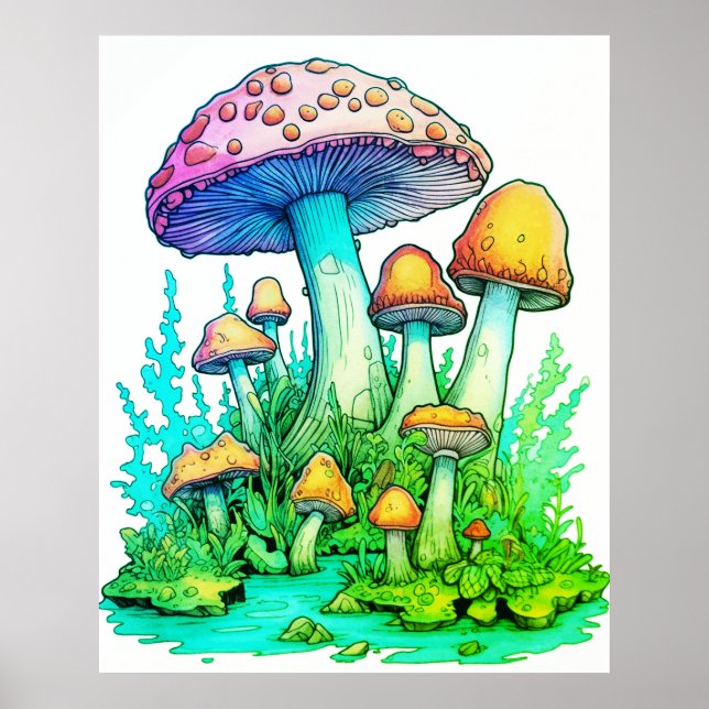Affiche Champignons verts sur fond blanc sur un mur (Devant)