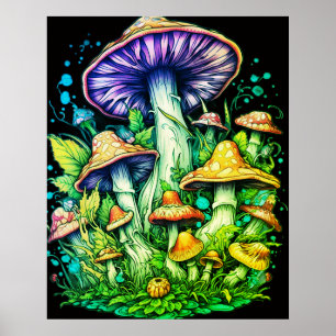 Affiche Champignons verts sur fond noir sur un mur