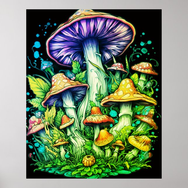 Affiche Champignons verts sur fond noir sur un mur (Devant)