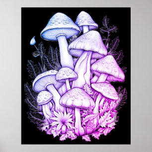 Affiche Champignons verts sur fond noir sur un mur