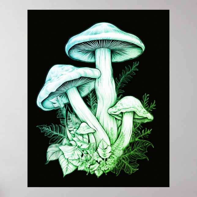 Affiche Champignons Verts Translucides Fond Noir Mur (Devant)