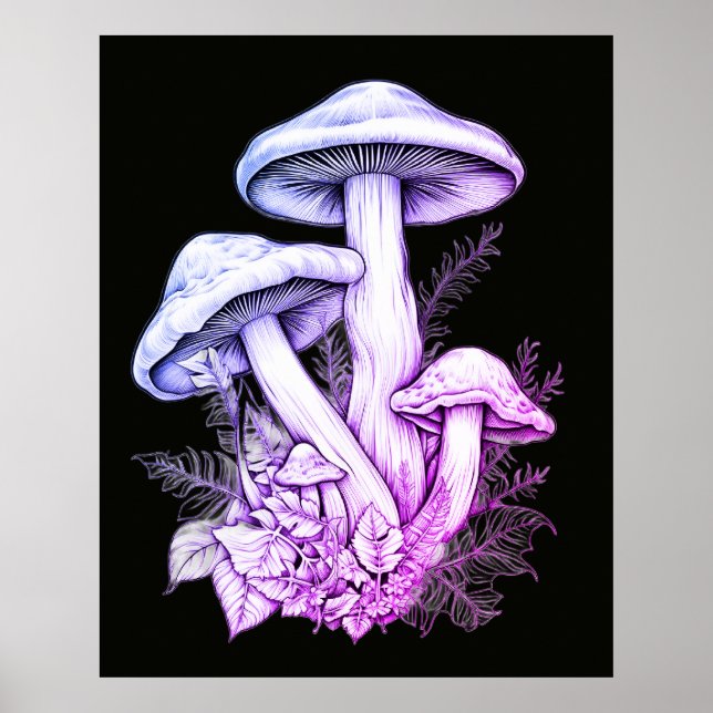 Affiche Champignons Violet Clair Fond Noir Mur (Devant)