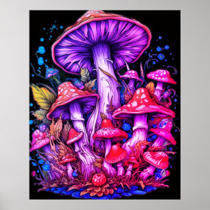 Affiche Champignons violets et rouges sur fond noir sur un