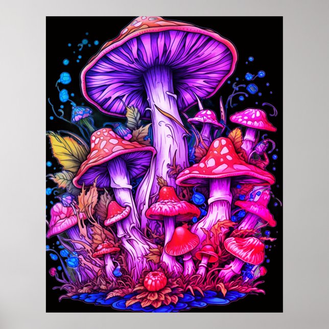Affiche Champignons violets et rouges sur fond noir sur un (Devant)