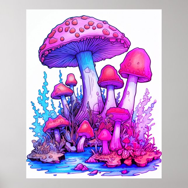 Affiche Champignons violets sur fond blanc sur un mur (Devant)