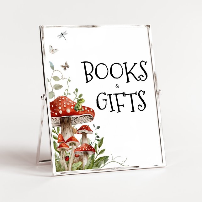 Affiche Champignons Whimsical Champignons Livres et Cadeau (Whimsical Mushroom Baby Shower Books and Gifts Sign)