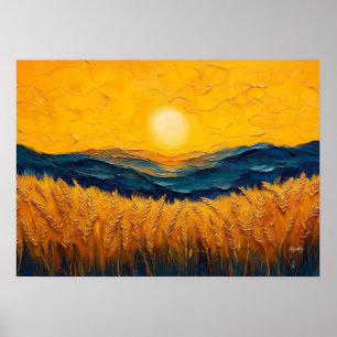Affiche Champs de blé dorés au coucher du soleil, peinture