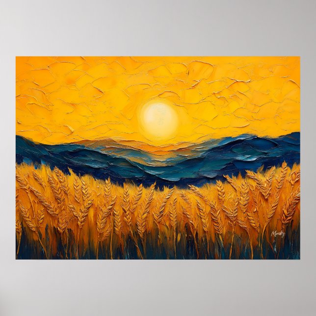 Affiche Champs de blé dorés au coucher du soleil, peinture (Devant)