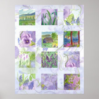 Affiche Champs de lavande Aquarelle Fleur Collage Art