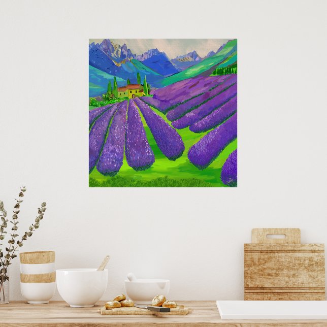 Affiche Champs de lavande devant des montagnes (Cuisine)