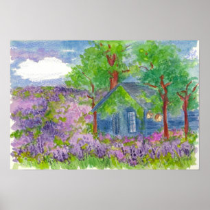 Affiche Champs de lavande Pays Cabine aquarelle peinture