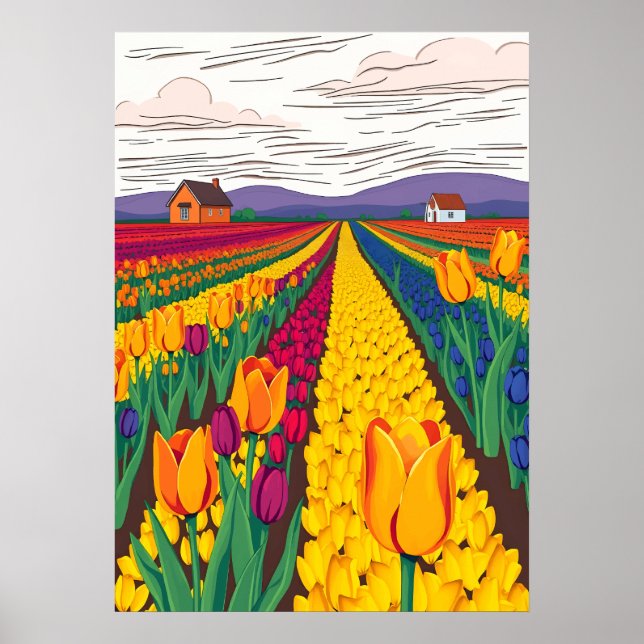 Affiche Champs de tulipe hollandais en fleurs (Devant)