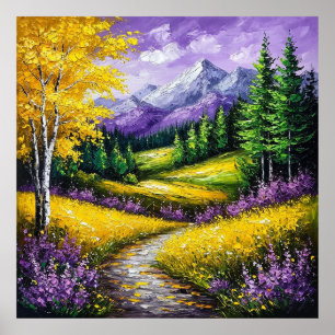 Affiche Champs jaunes, fleurs, montagnes enneigées