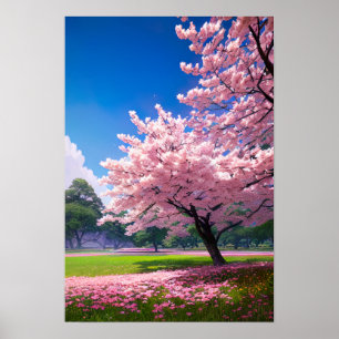 Affiche Champs verts et arbres en fleurs
