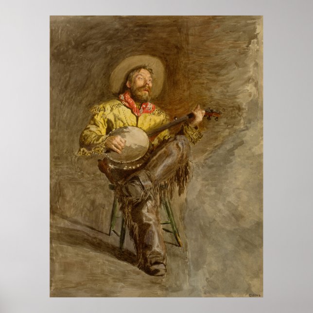 Affiche Chantant Cowboy Espagnol avec Banjo jouant une cha (Devant)