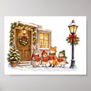 Affiche Chanteurs de Noël d'animaux des bois pour les Fête