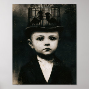 Affiche Chapeau de cage à oiseau noir et blanc surréaliste