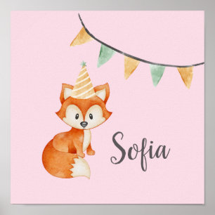 Affiche Chapeau de fête champêtre renard mignon Joyeux Ann